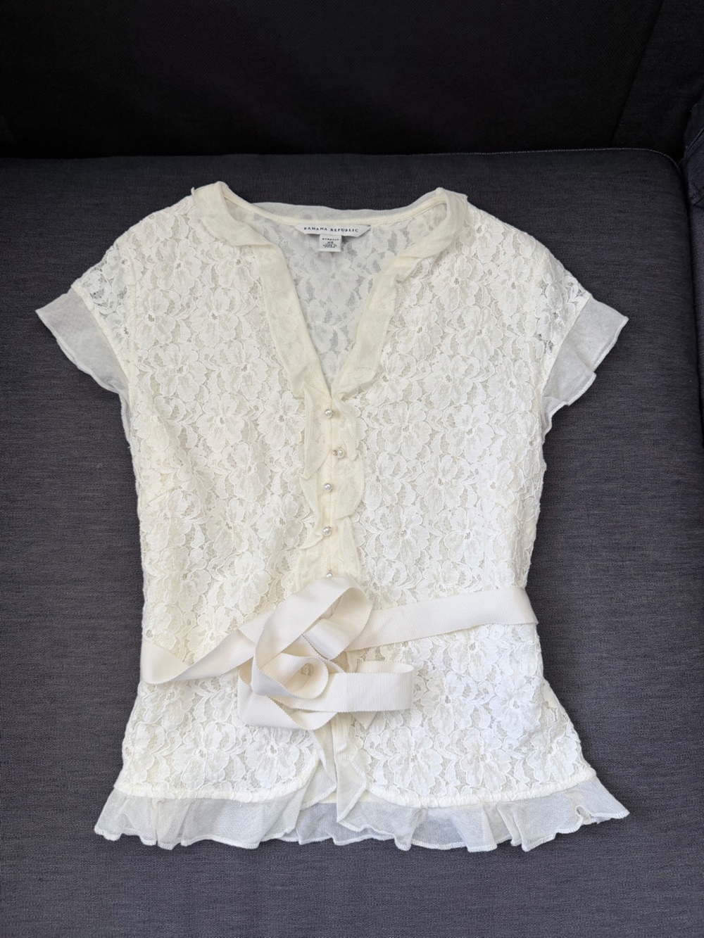 Banana Republic Ivory Lace Short Sleeve Tie-Front Blouse